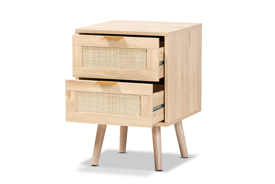 baxton studio baird mid century modern light oak brown finished wood and rattan 2 drawer nightstand | Modish Furniture Store-3