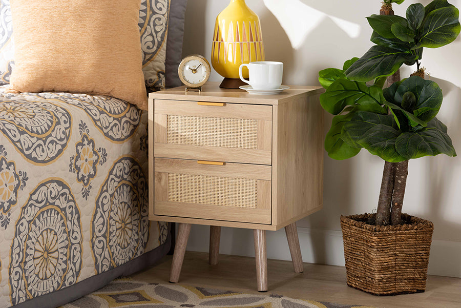Baxton Studio Baird Mid-Century Modern Light Oak Brown Finished Wood and Rattan 2-Drawer Nightstand | Modishstore | Nightstands