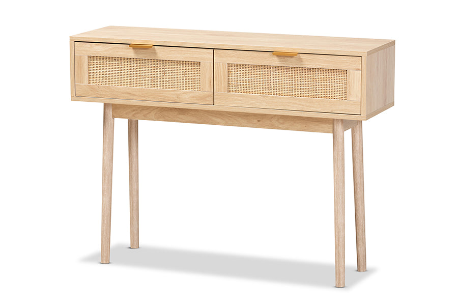 baxton studio baird mid century modern light oak brown finished wood and rattan 2 drawer console table | Modish Furniture Store-2