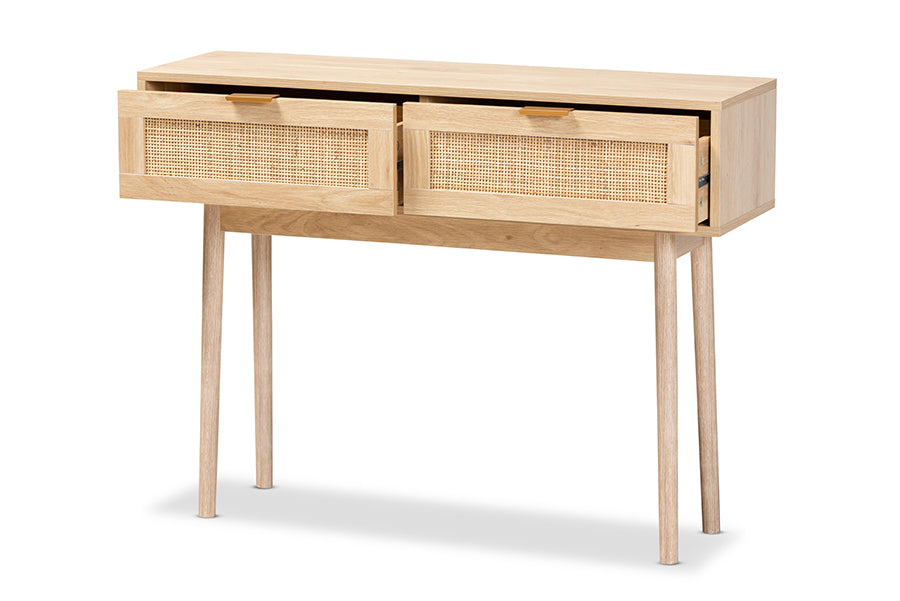 baxton studio baird mid century modern light oak brown finished wood and rattan 2 drawer console table | Modish Furniture Store-3