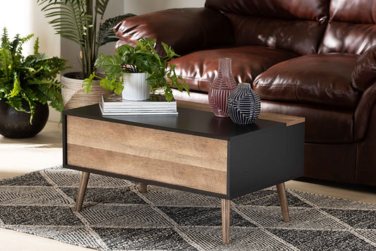 Baxton Studio Jensen Modern and Contemporary Two-Tone Black and Rustic Brown Finished Wood Lift Top Coffee Table with Storage Compartment | Modishstore | Coffee Tables