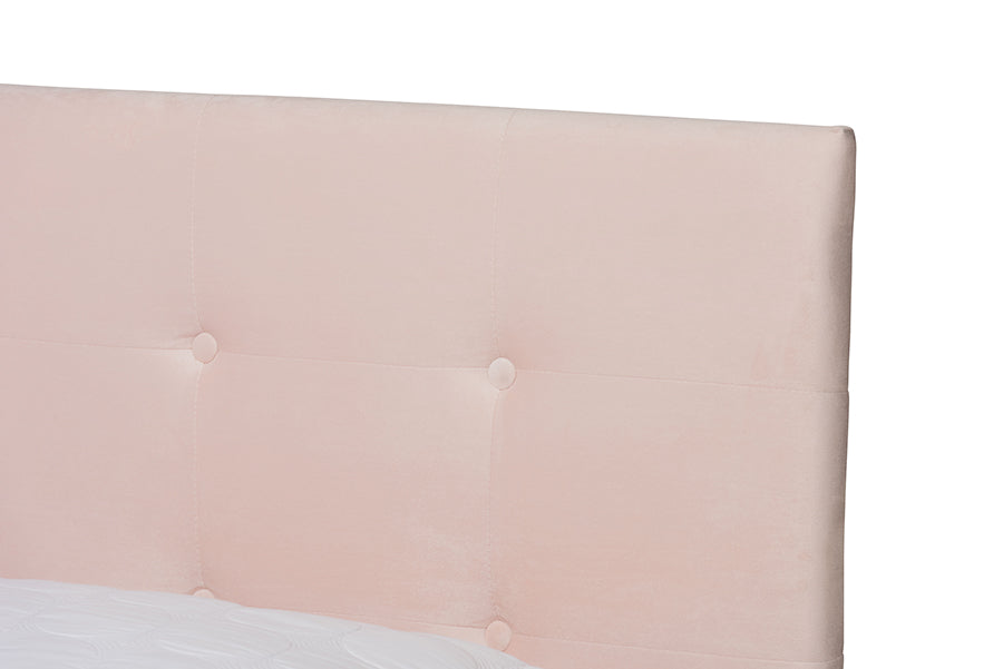 Baxton Studio Caprice Modern and Contemporary Glam Light Pink Velvet Fabric Upholstered Queen Size Panel Bed | Beds | Modishstore - 5