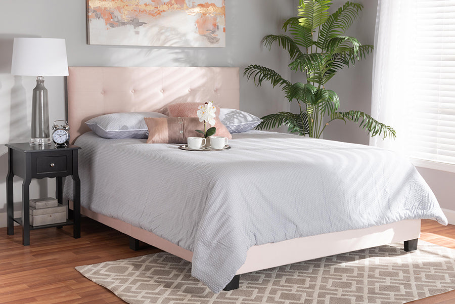 Baxton Studio Caprice Modern and Contemporary Glam Light Pink Velvet Fabric Upholstered Queen Size Panel Bed | Beds | Modishstore
