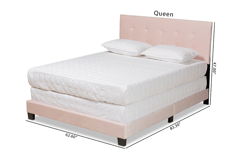 Baxton Studio Caprice Modern and Contemporary Glam Light Pink Velvet Fabric Upholstered Queen Size Panel Bed | Beds | Modishstore - 4