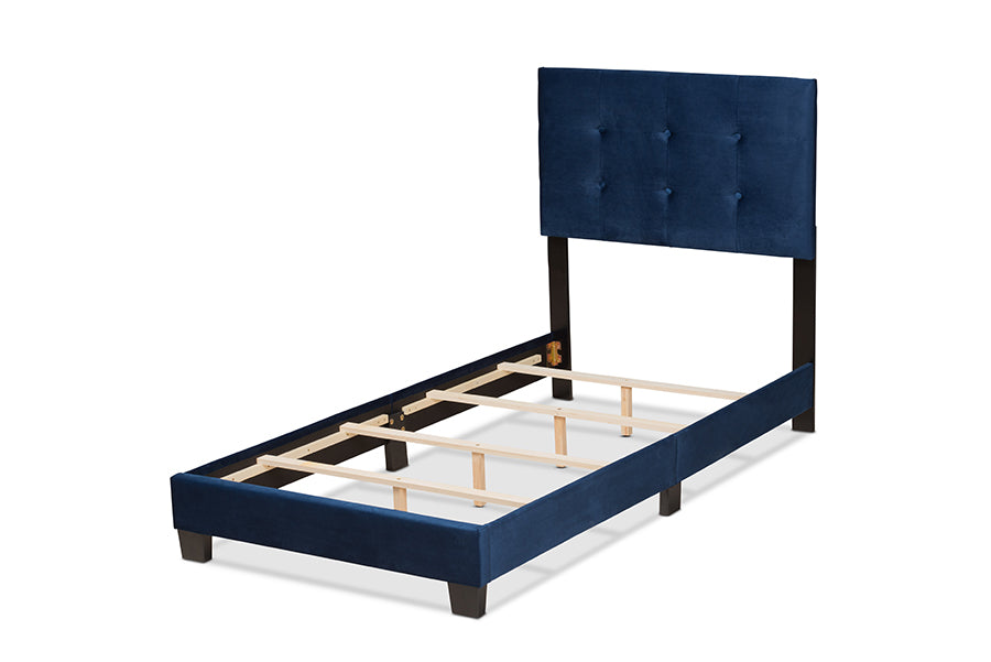 Baxton Studio Caprice Modern and Contemporary Glam Navy Blue Velvet Fabric Upholstered Twin Size Panel Bed | Beds | Modishstore - 6