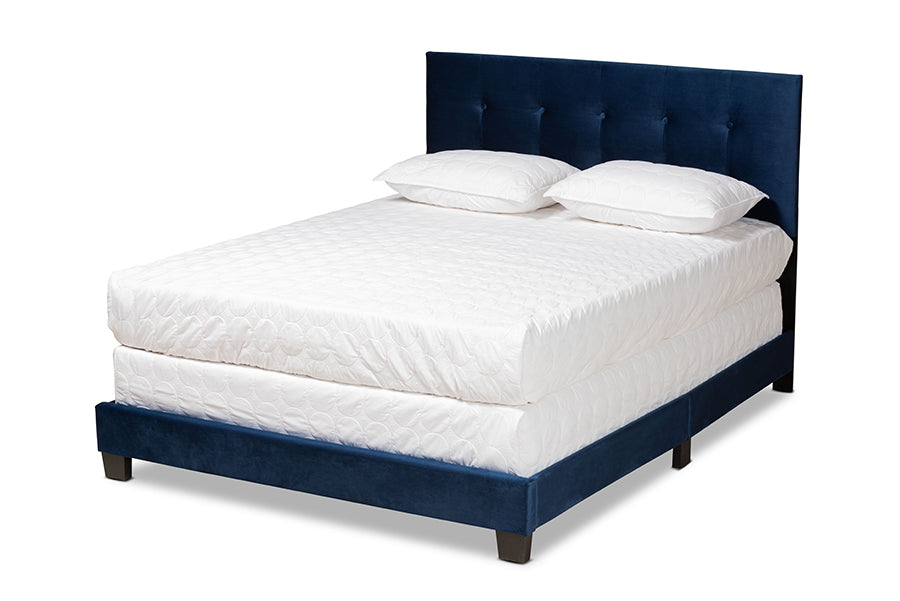 Baxton Studio Caprice Modern and Contemporary Glam Navy Blue Velvet Fabric Upholstered Queen Size Panel Bed | Beds | Modishstore - 4
