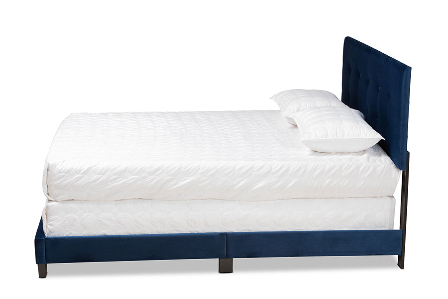 Baxton Studio Caprice Modern and Contemporary Glam Navy Blue Velvet Fabric Upholstered Queen Size Panel Bed | Beds | Modishstore - 2
