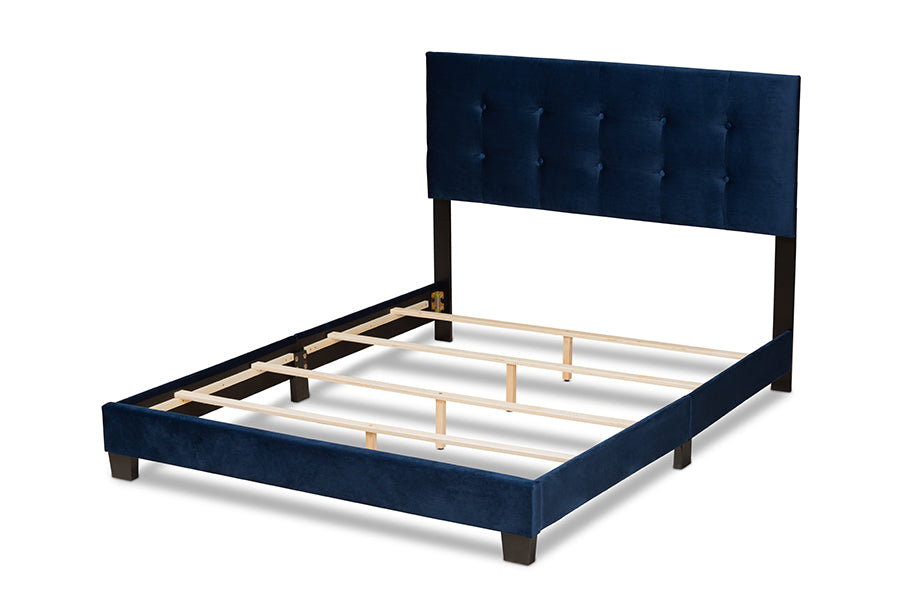 Baxton Studio Caprice Modern and Contemporary Glam Navy Blue Velvet Fabric Upholstered Queen Size Panel Bed | Beds | Modishstore - 6