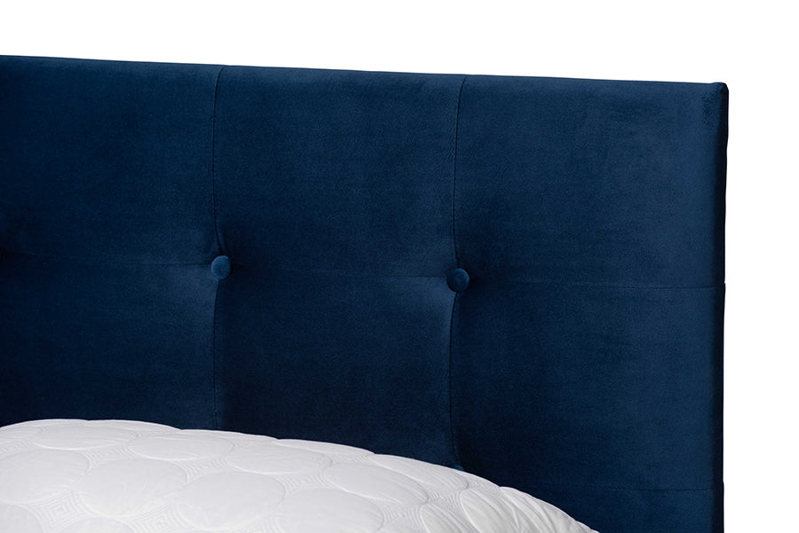 Baxton Studio Caprice Modern and Contemporary Glam Navy Blue Velvet Fabric Upholstered Queen Size Panel Bed | Beds | Modishstore - 3