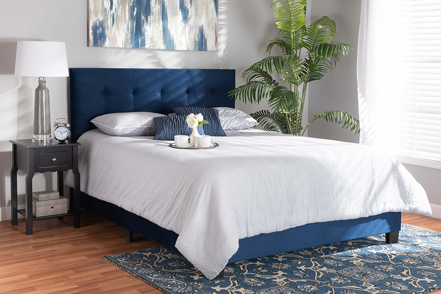 Baxton Studio Caprice Modern and Contemporary Glam Navy Blue Velvet Fabric Upholstered Queen Size Panel Bed | Beds | Modishstore