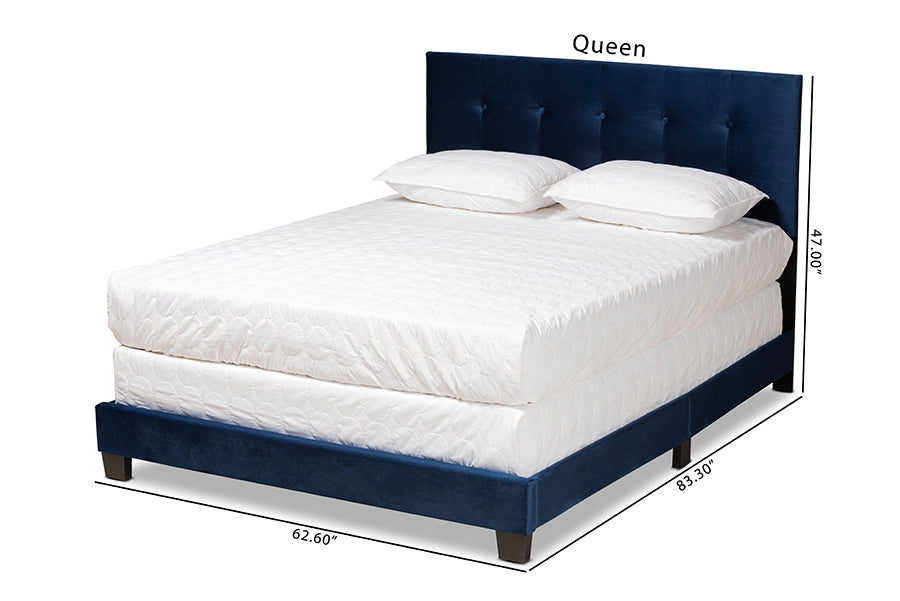 Baxton Studio Caprice Modern and Contemporary Glam Navy Blue Velvet Fabric Upholstered Queen Size Panel Bed | Beds | Modishstore - 5