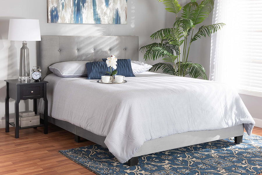 baxton studio caprice modern and contemporary glam grey velvet fabric upholstered full size panel bed | Modish Furniture Store-2