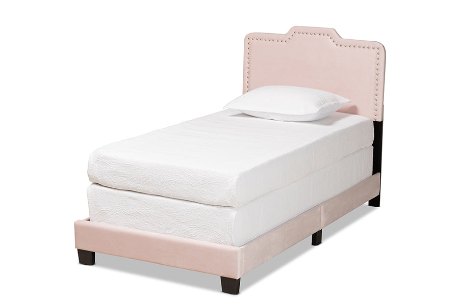 Baxton Studio Benjen Modern and Contemporary Glam Light Pink Velvet Fabric Upholstered Twin Size Panel Bed | Beds | Modishstore - 4