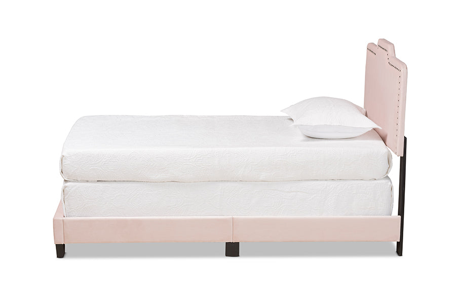 Baxton Studio Benjen Modern and Contemporary Glam Light Pink Velvet Fabric Upholstered Twin Size Panel Bed | Beds | Modishstore - 2