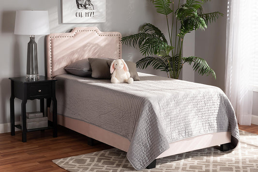 Baxton Studio Benjen Modern and Contemporary Glam Light Pink Velvet Fabric Upholstered Twin Size Panel Bed | Beds | Modishstore