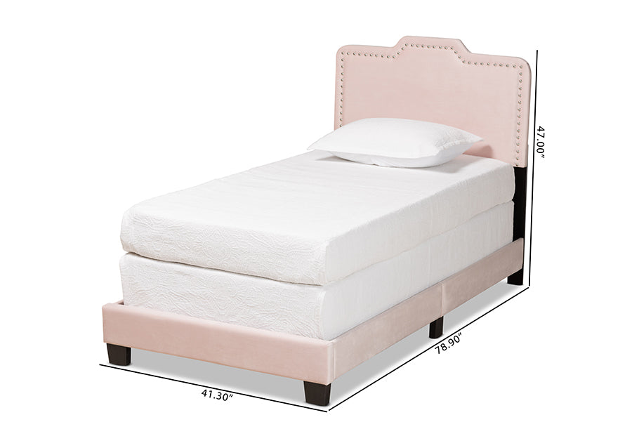 Baxton Studio Benjen Modern and Contemporary Glam Light Pink Velvet Fabric Upholstered Twin Size Panel Bed | Beds | Modishstore - 5