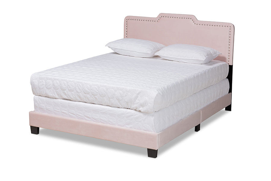 Baxton Studio Benjen Modern and Contemporary Glam Light Pink Velvet Fabric Upholstered Full Size Panel Bed | Beds | Modishstore - 4