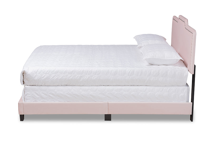 Baxton Studio Benjen Modern and Contemporary Glam Light Pink Velvet Fabric Upholstered Full Size Panel Bed | Beds | Modishstore - 2