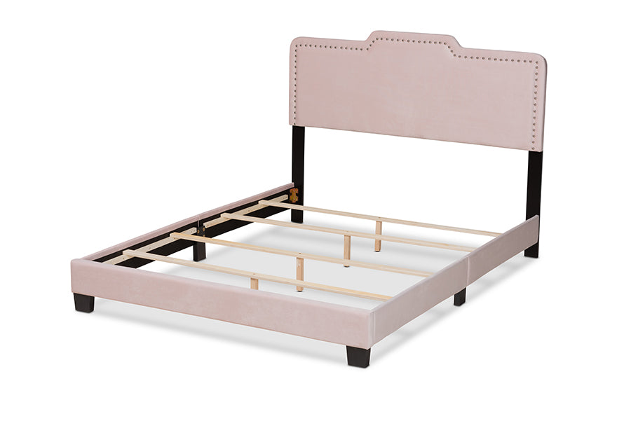 Baxton Studio Benjen Modern and Contemporary Glam Light Pink Velvet Fabric Upholstered Full Size Panel Bed | Beds | Modishstore - 6