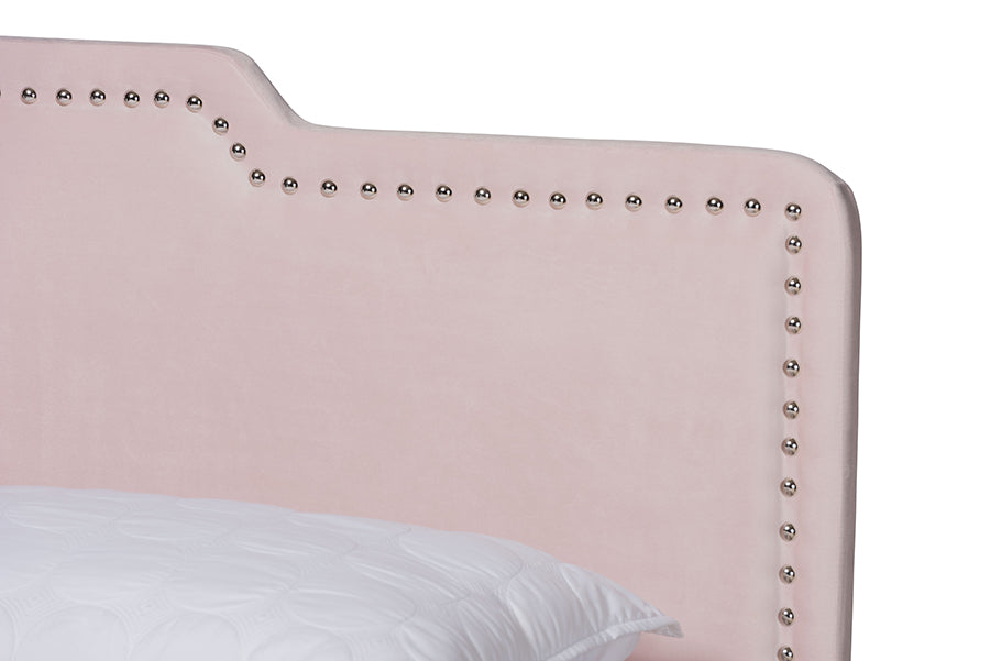 Baxton Studio Benjen Modern and Contemporary Glam Light Pink Velvet Fabric Upholstered Full Size Panel Bed | Beds | Modishstore - 3