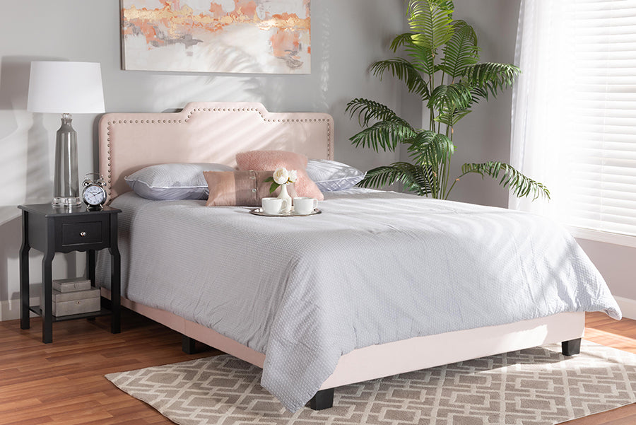 Baxton Studio Benjen Modern and Contemporary Glam Light Pink Velvet Fabric Upholstered Queen Size Panel Bed | Beds | Modishstore