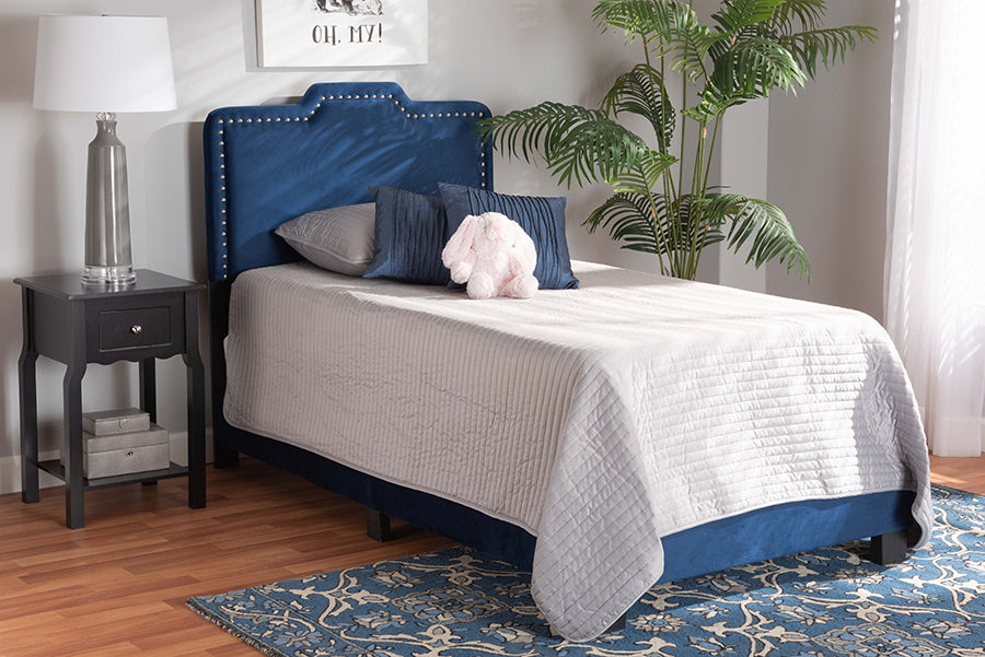 baxton studio benjen modern and contemporary glam navy blue velvet fabric upholstered twin size panel bed | Modish Furniture Store-2