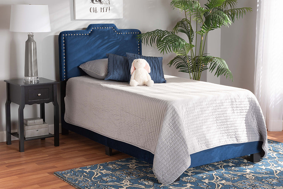 baxton studio benjen modern and contemporary glam navy blue velvet fabric upholstered twin size panel bed | Modish Furniture Store-3