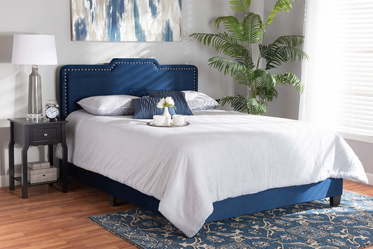 Baxton Studio Benjen Modern and Contemporary Glam Navy Blue Velvet Fabric Upholstered Queen Size Panel Bed | Modishstore | Beds