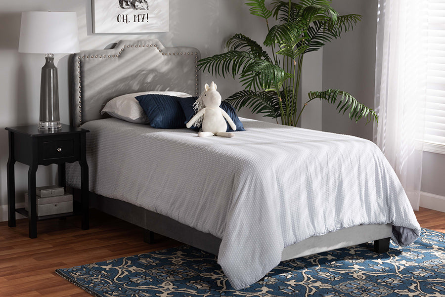 baxton studio benjen modern and contemporary glam grey velvet fabric upholstered twin size panel bed | Modish Furniture Store-2