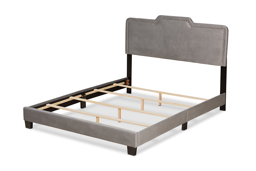 Baxton Studio Benjen Modern and Contemporary Glam Grey Velvet Fabric Upholstered Queen Size Panel Bed | Beds | Modishstore - 2