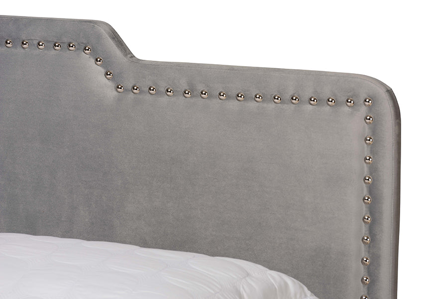 Baxton Studio Benjen Modern and Contemporary Glam Grey Velvet Fabric Upholstered Queen Size Panel Bed | Beds | Modishstore - 5