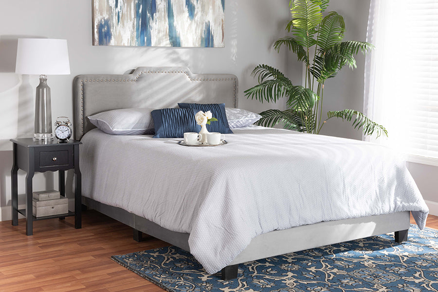 Baxton Studio Benjen Modern and Contemporary Glam Grey Velvet Fabric Upholstered Queen Size Panel Bed | Beds | Modishstore