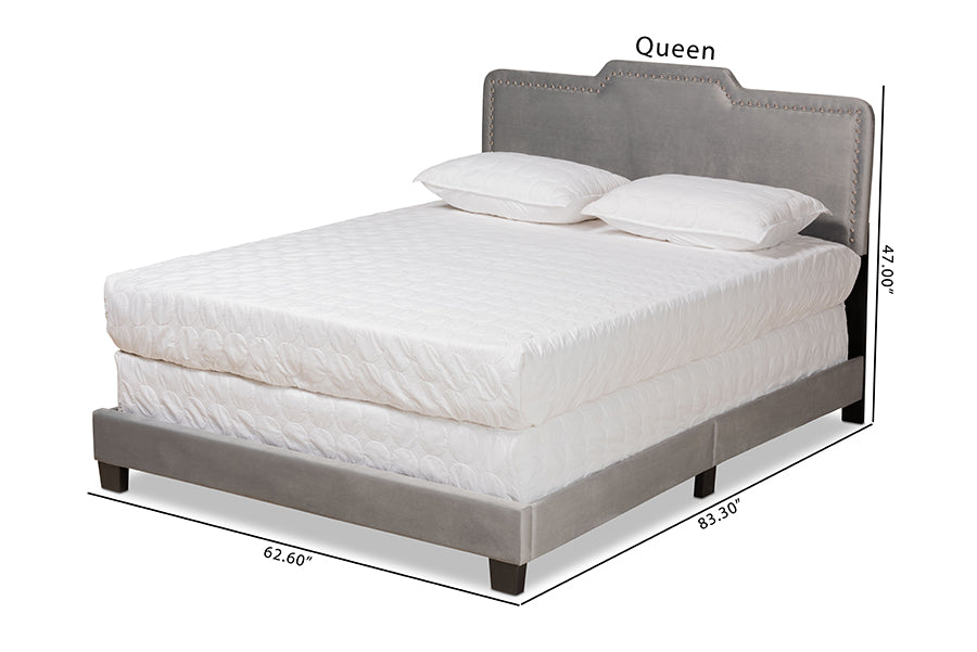 Baxton Studio Benjen Modern and Contemporary Glam Grey Velvet Fabric Upholstered Queen Size Panel Bed | Beds | Modishstore - 4