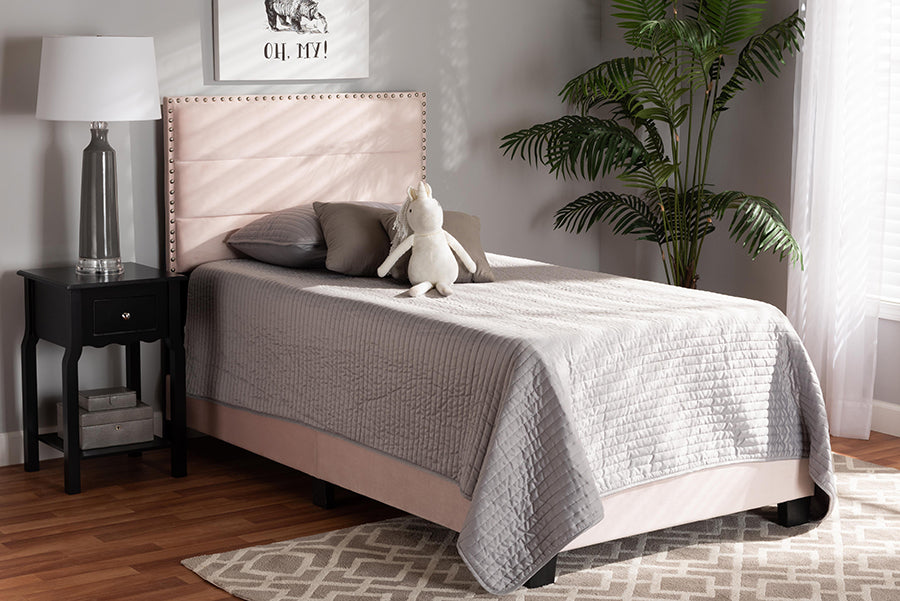 baxton studio tamira modern and contemporary glam light pink velvet fabric upholstered twin size panel bed | Modish Furniture Store-2