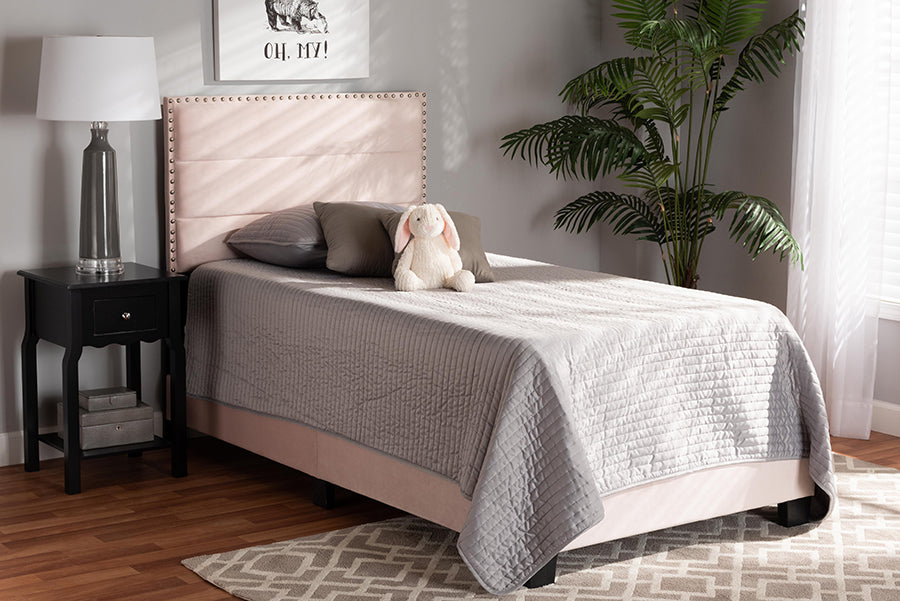baxton studio tamira modern and contemporary glam light pink velvet fabric upholstered twin size panel bed | Modish Furniture Store-3