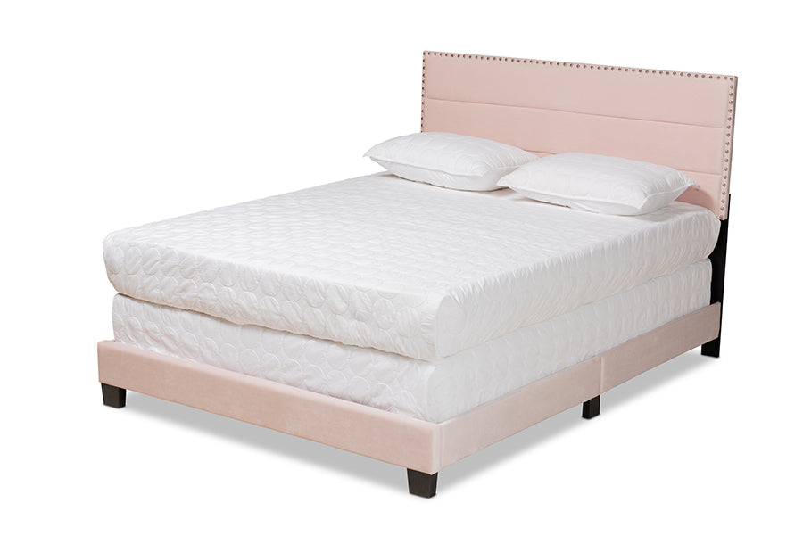Baxton Studio Tamira Modern and Contemporary Glam Light Pink Velvet Fabric Upholstered Full Size Panel Bed | Beds | Modishstore - 4