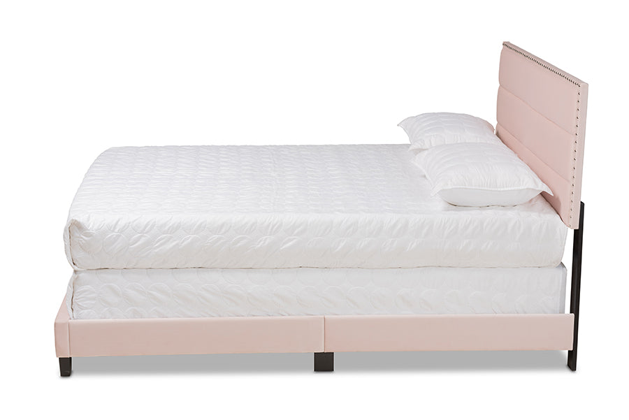Baxton Studio Tamira Modern and Contemporary Glam Light Pink Velvet Fabric Upholstered Full Size Panel Bed | Beds | Modishstore - 2