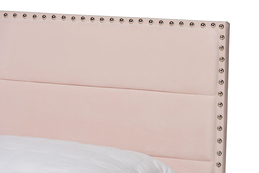 Baxton Studio Tamira Modern and Contemporary Glam Light Pink Velvet Fabric Upholstered Full Size Panel Bed | Beds | Modishstore - 3