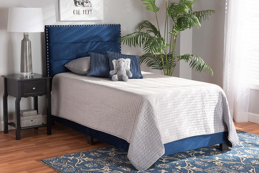 baxton studio tamira modern and contemporary glam navy blue velvet fabric upholstered twin size panel bed | Modish Furniture Store-2