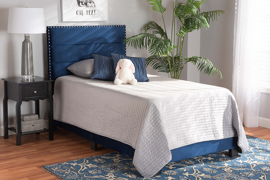 Baxton Studio Tamira Modern and Contemporary Glam Navy Blue Velvet Fabric Upholstered Twin Size Panel Bed | Modishstore | Beds
