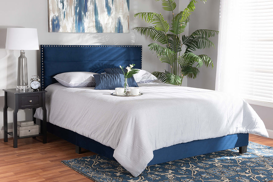 baxton studio tamira modern and contemporary glam navy blue velvet fabric upholstered queen size panel bed | Modish Furniture Store-2