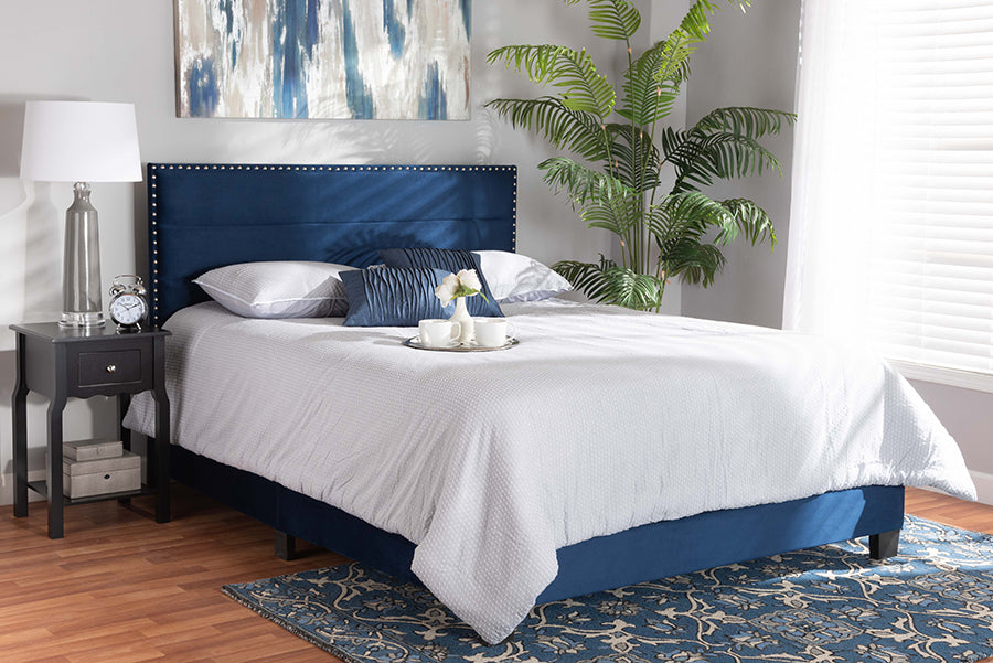 baxton studio tamira modern and contemporary glam navy blue velvet fabric upholstered queen size panel bed | Modish Furniture Store-3