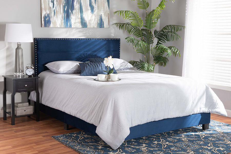 Baxton Studio Tamira Modern and Contemporary Glam Navy Blue Velvet Fabric Upholstered Queen Size Panel Bed | Modishstore | Beds