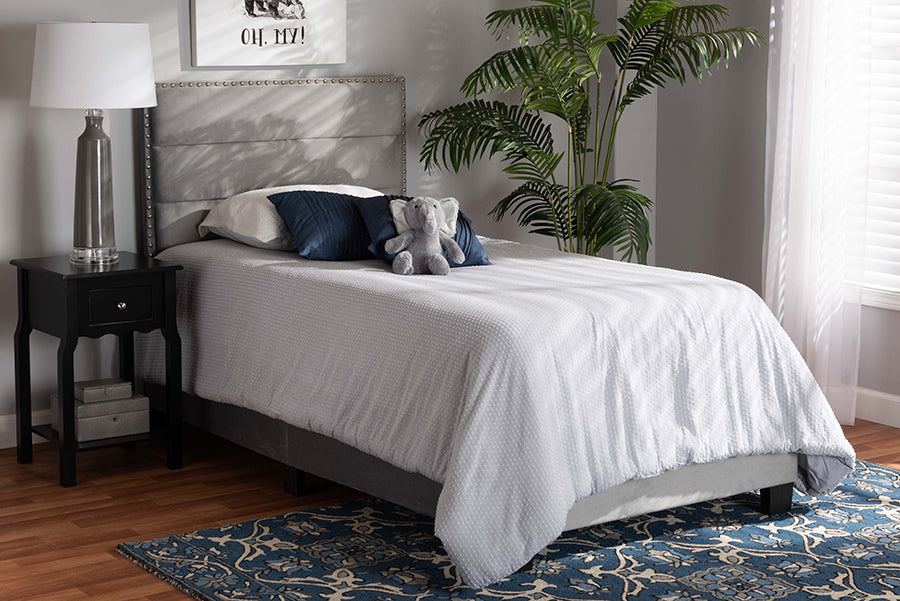 baxton studio tamira modern and contemporary glam grey velvet fabric upholstered twin size panel bed | Modish Furniture Store-2