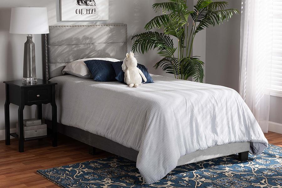 baxton studio tamira modern and contemporary glam grey velvet fabric upholstered twin size panel bed | Modish Furniture Store-3