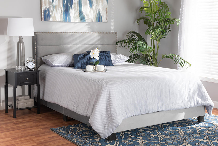 baxton studio tamira modern and contemporary glam grey velvet fabric upholstered full size panel bed | Modish Furniture Store-2