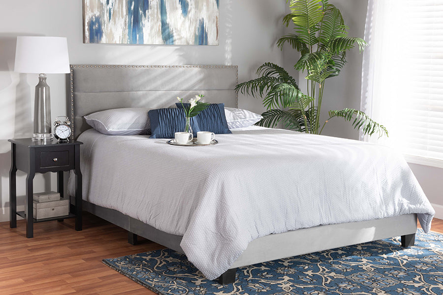 Baxton Studio Tamira Modern and Contemporary Glam Grey Velvet Fabric Upholstered Full Size Panel Bed | Modishstore | Beds