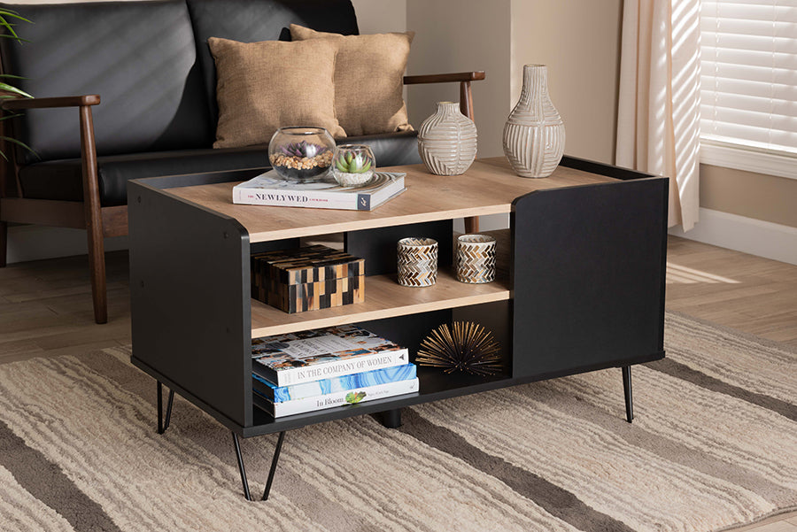 Baxton Studio Lilith Modern and Contemporary Two-Tone Black and Oak Brown Finished Wood and Metal 3-Tier Coffee Table | Modishstore | Coffee Tables