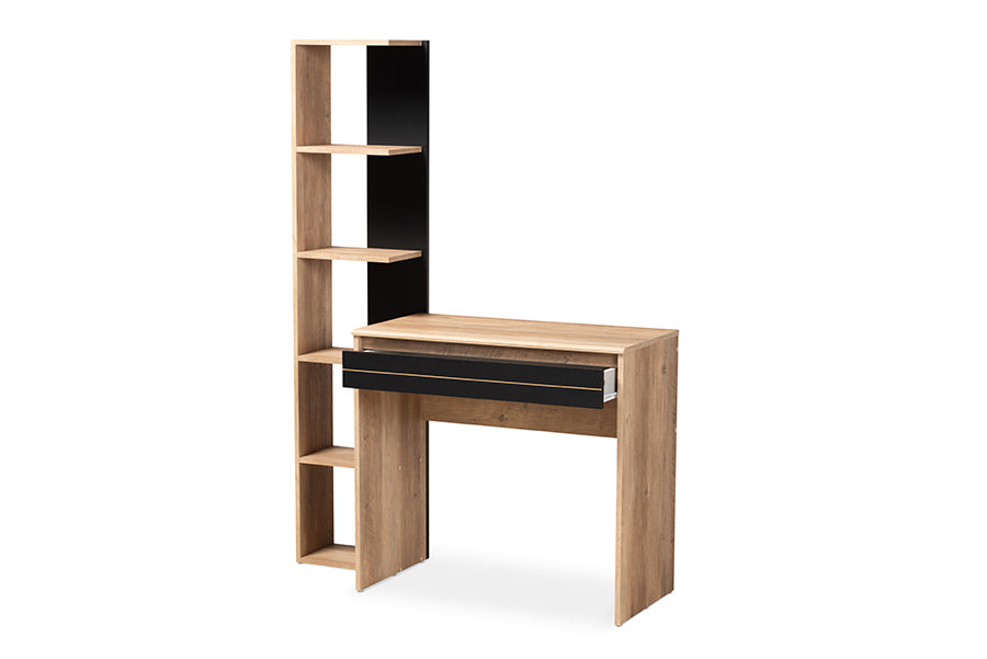 baxton studio levi modern and contemporary two tone black and oak brown finished wood desk with shelves | Modish Furniture Store-3