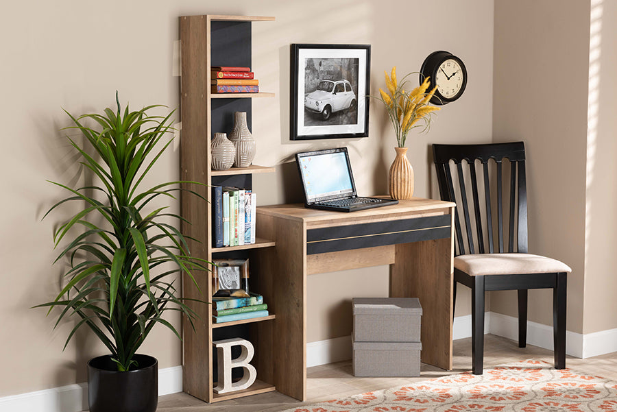 Baxton Studio Levi Modern and Contemporary Two-Tone Black and Oak Brown Finished Wood Desk with Shelves | Modishstore | Desks